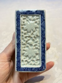 A Chinese blue and white square bitong, a 'Dragon' censer, a covered box, a vase and a paperweight, Guangxu mark, 18/19th C.