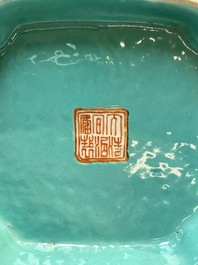 A Chinese famille rose tazza, a blue and white vessel and an enamelled Yixing stoneware teapot, 19th C.
