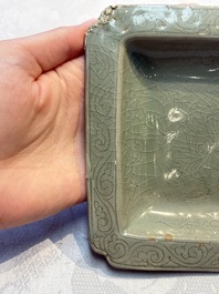 A fine Korean celadon square dish with incised floral design, Goryeo, 12th C.