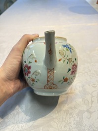 A Chinese famille rose 'Rooster' vase and a covered teapot with floral design, Qianlong