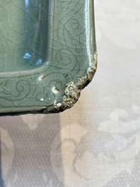 A fine Korean celadon square dish with incised floral design, Goryeo, 12th C.