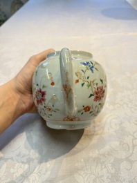 A Chinese famille rose 'Rooster' vase and a covered teapot with floral design, Qianlong