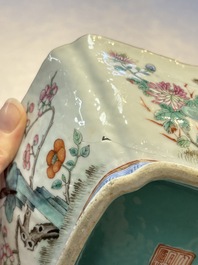 A Chinese famille rose tazza, a blue and white vessel and an enamelled Yixing stoneware teapot, 19th C.