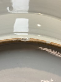 A large Chinese blue and white gilt-decorated dish with birds and insects among bamboo and peonies, Yongzheng