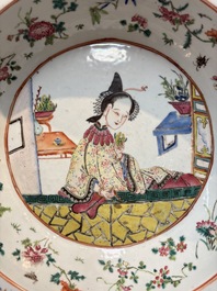 A Chinese famille rose 'Elegant Beauty' basin and a qianjiang cai 'Antiquities' dish, Guangxu mark, 19th C.