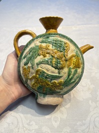 A rare Chinese sancai 'Phoenix' ewer with a wooden box, Liao