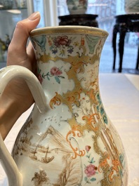 A fine large Chinese famille rose gilt-decorated 'Mandarin Subject' jug and cover, Qianlong