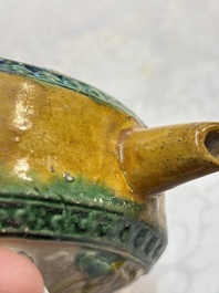 A rare Chinese sancai 'Phoenix' ewer with a wooden box, Liao