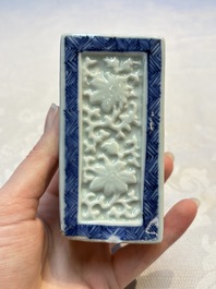 A Chinese blue and white square bitong, a 'Dragon' censer, a covered box, a vase and a paperweight, Guangxu mark, 18/19th C.