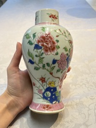 A Chinese famille rose 'Rooster' vase and a covered teapot with floral design, Qianlong