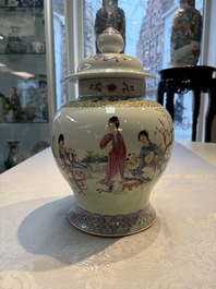 A Chinese famille rose 'San Niang Jiao Zi 三娘教子' vase and cover, 20th C.