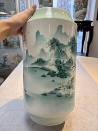 A fine Chinese green-enamelled vase with landscape design, Hui Yuan Tang Zhi 慧遠堂製 mark, dated 1943