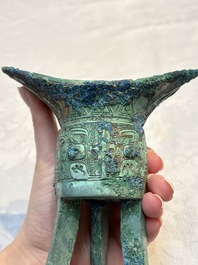 A Chinese archaic bronze wine vessel, Jiao 角, Shang/Zhou