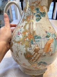 A fine large Chinese famille rose gilt-decorated 'Mandarin Subject' jug and cover, Qianlong