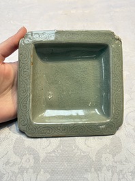 A fine Korean celadon square dish with incised floral design, Goryeo, 12th C.