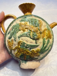 A rare Chinese sancai 'Phoenix' ewer with a wooden box, Liao