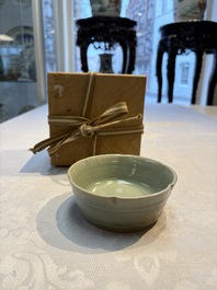 A Chinese Longquan celadon flower-shaped brush washer with a wooden box, Southern Song
