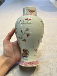 A Chinese famille rose 'Rooster' vase and a covered teapot with floral design, Qianlong