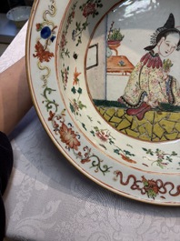 A Chinese famille rose 'Elegant Beauty' basin and a qianjiang cai 'Antiquities' dish, Guangxu mark, 19th C.