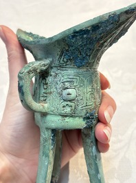 A Chinese archaic bronze wine vessel, Jiao 角, Shang/Zhou