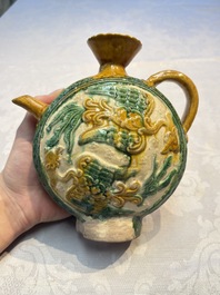 A rare Chinese sancai 'Phoenix' ewer with a wooden box, Liao