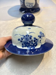 A Chinese blue and white powder-blue-ground 'He Xiangu 何仙姑' vase and cover, 19th C.