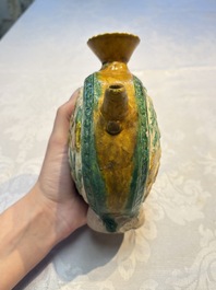 A rare Chinese sancai 'Phoenix' ewer with a wooden box, Liao