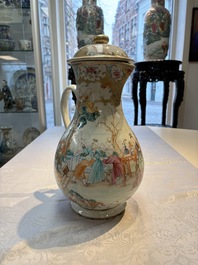 A fine large Chinese famille rose gilt-decorated 'Mandarin Subject' jug and cover, Qianlong