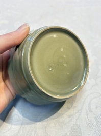 A Chinese Longquan celadon flower-shaped brush washer with a wooden box, Southern Song