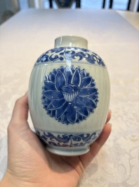 Three Chinese blue and white tea caddies, Chenghua mark, Shunzhi and later