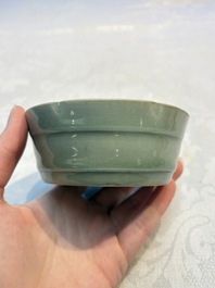 A Chinese Longquan celadon flower-shaped brush washer with a wooden box, Southern Song