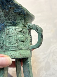 A Chinese archaic bronze wine vessel, Jiao 角, Shang/Zhou