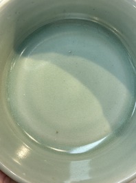 A Chinese Longquan celadon flower-shaped brush washer with a wooden box, Southern Song