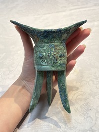 A Chinese archaic bronze wine vessel, Jiao 角, Shang/Zhou