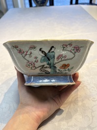 A Chinese famille rose tazza, a blue and white vessel and an enamelled Yixing stoneware teapot, 19th C.