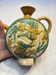 A rare Chinese sancai 'Phoenix' ewer with a wooden box, Liao