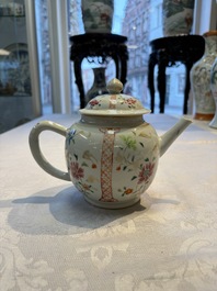 A Chinese famille rose 'Rooster' vase and a covered teapot with floral design, Qianlong