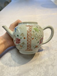 A Chinese famille rose 'Rooster' vase and a covered teapot with floral design, Qianlong