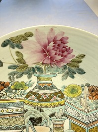 A Chinese famille rose 'Elegant Beauty' basin and a qianjiang cai 'Antiquities' dish, Guangxu mark, 19th C.