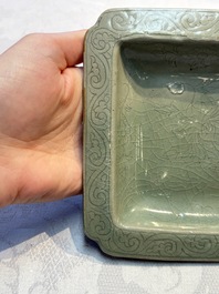 A fine Korean celadon square dish with incised floral design, Goryeo, 12th C.