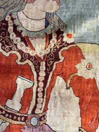An exceptional and large embroidered silk 'Shahnameh' carpet, signed Musa Baft Tabriz, Tabriz, Iran, 20th C.