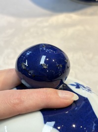 A Chinese blue and white powder-blue-ground 'He Xiangu 何仙姑' vase and cover, 19th C.