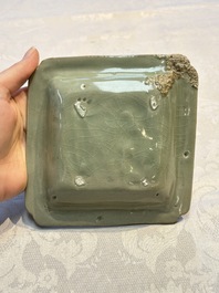 A fine Korean celadon square dish with incised floral design, Goryeo, 12th C.