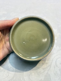 A Chinese Longquan celadon flower-shaped brush washer with a wooden box, Southern Song