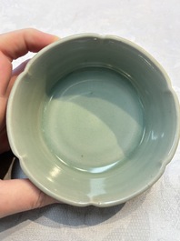 A Chinese Longquan celadon flower-shaped brush washer with a wooden box, Southern Song