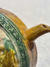 A rare Chinese sancai 'Phoenix' ewer with a wooden box, Liao