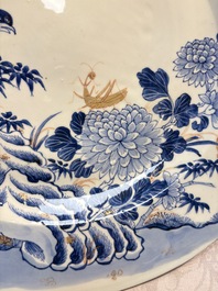 A large Chinese blue and white gilt-decorated dish with birds and insects among bamboo and peonies, Yongzheng