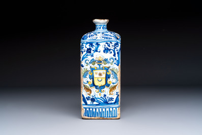 A polychrome Italian maiolica armorial square bottle, Savona, Italy, 17th C.
