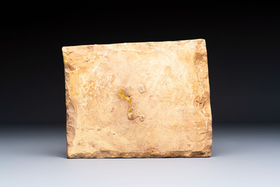 A Timurid polychrome-glazed rectangular tile with foliage design, on a later metal stand, Central Asia, 14th C.