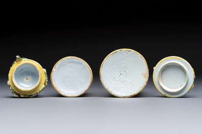 Two rare polychrome Dutch Delft honey pots and covers, 18th C.